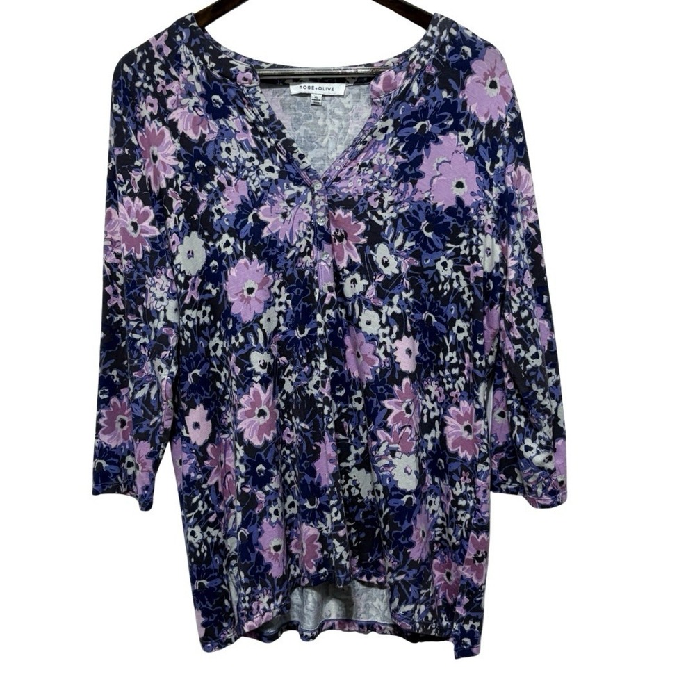 Rose Olive Top Womens XL Purple Floral Stretch Knit Cottagecore Romantic Tunic
